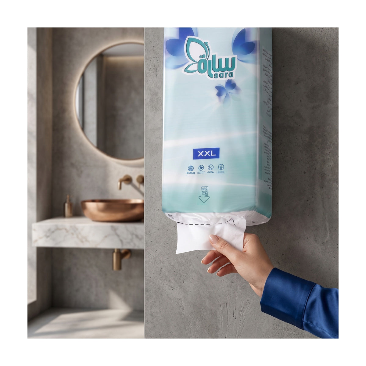 Sara Easy Flow XXL hanging on a bathroom wall, in use