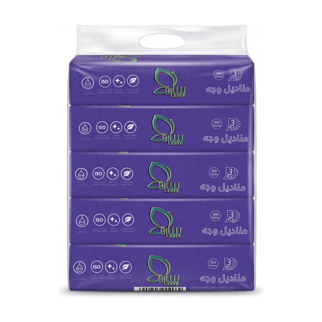Sara Facial Tissues 300, pack of 5 boxes, angled