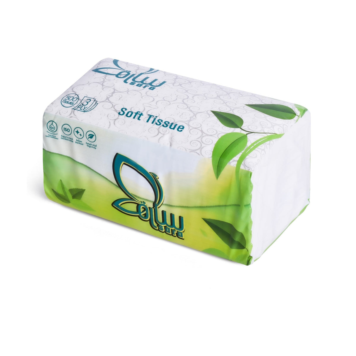 Sara Facial Tissues 500 Medium, single soft pack, angled