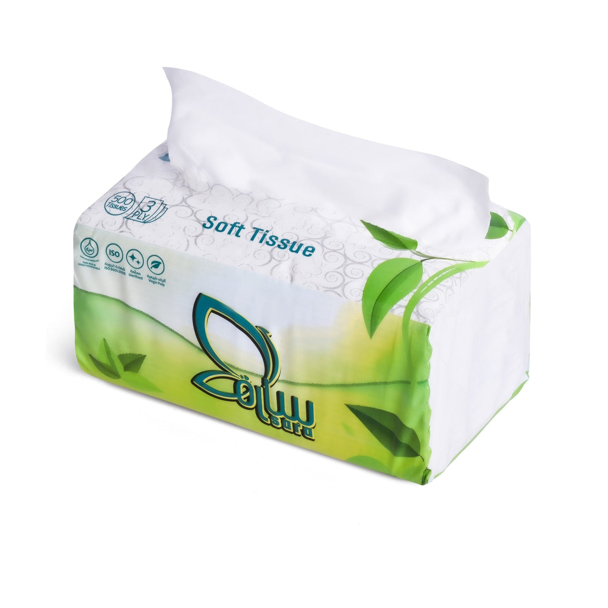 Sara Facial Tissues 500 Medium, single soft pack, open